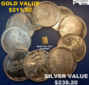 10 one ounce silver rounds encircle 1 GRAM of gold.  This shows that equal amounts of weight are VASTLY different in value as the values are only about $20.00 in cost.