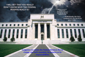 A photo of the federal reserve with a lightning bolt hitting its roof.