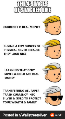 a meme showing the 4 stages of a silver stacker.