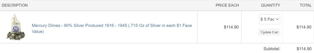 a screenshot of a photo showing that a Mercury dime cost $2.30 each because of silver content.