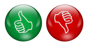 Bright green thumbs up and bright red thumbs down.  For the depiction of a review whether it will be good or bad.