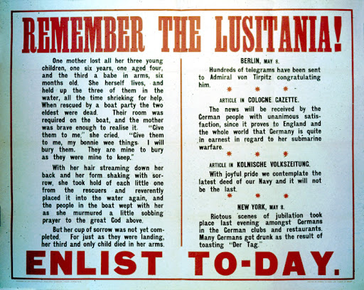 a patriotic poster telling men to enlist and remember the sinking of the Lusitania.