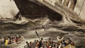 World War One was started with a lie.  A drawing of the sinking of the Lusitania with lifeboats full of people watching the sinking ship.