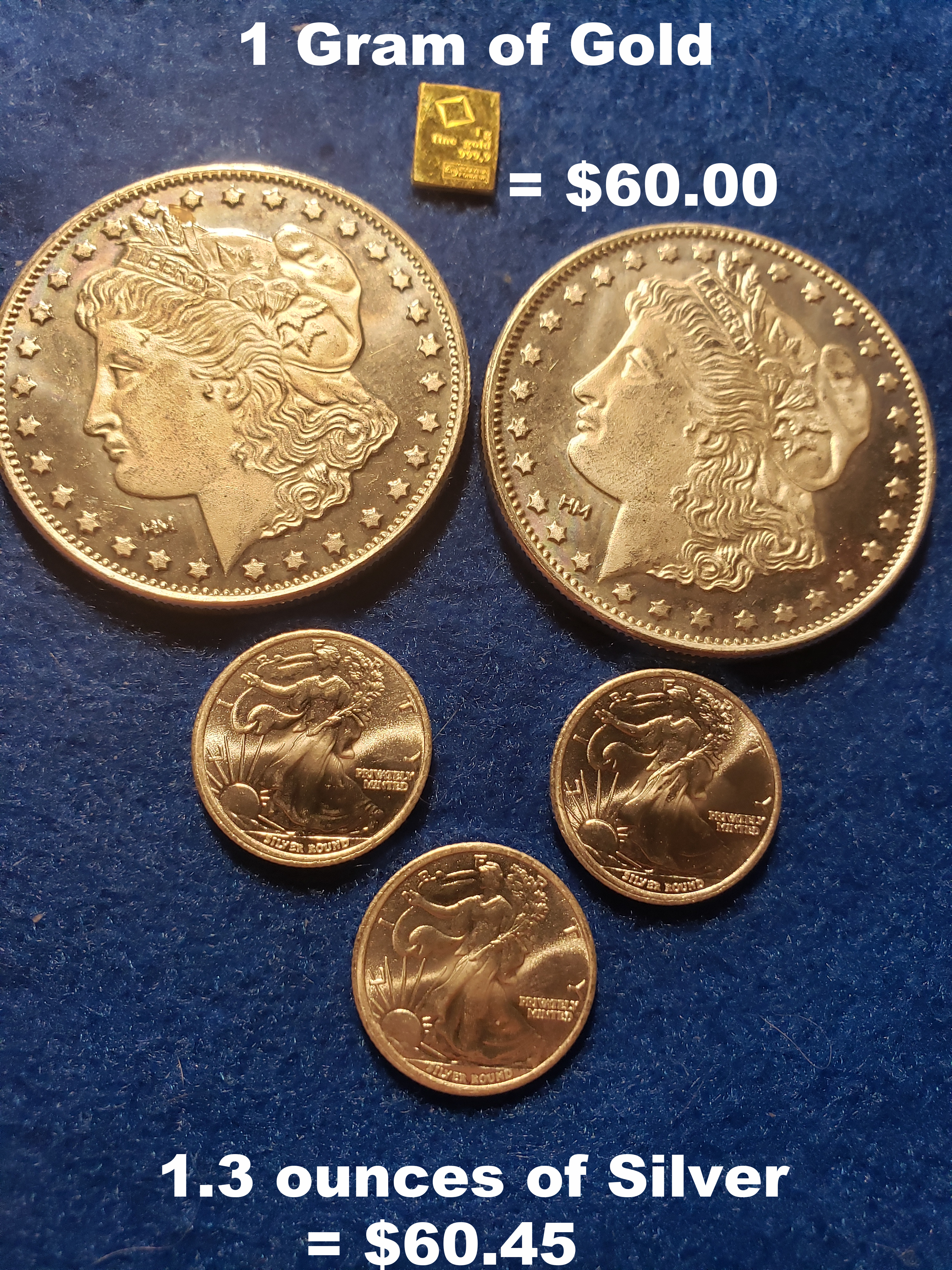 A photo of 1 gram of gold and 3.5 ounces of silver both having a value of $60.00.  It shows the silver to gold ratio is so wide and unrealistic today.  Using the math formula to calculate the future silver price of 15 to 1.
