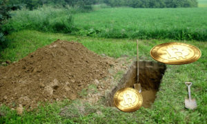 A FRESHLY DUG OPEN GRAVE WITH A BIG BITCOIN IN THE GRAVE.