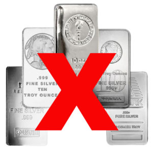 5 ten ounce silver bullion bars with a big red x across the photo.