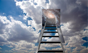 A ladder climbing high into the clouds with a bright light at the top wich is the center of our solar system.