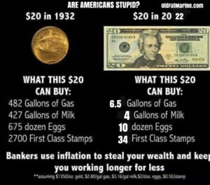 A comparison of what a 10 buck gold coin bought in 1932 and what a 10 buck bill is worth.  There is little value left to steal through inflation.  Survival silver.