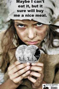 A dirty young girl dressed in rags trying to eat silver but caption says she can use silver to buy food.  Survival silver.