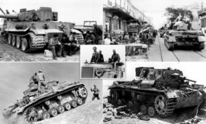A 5 picture collage of tanks on the move in Europe in WWII.